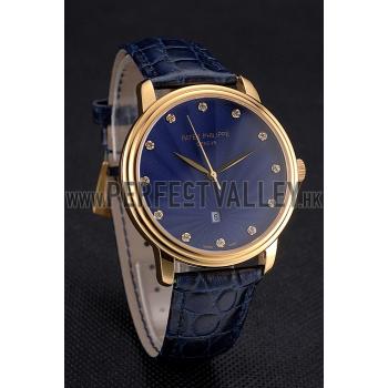 Replica Patek Philippe Calatrava Date Blue Guilloche Dial Gold Case Blue Leather Strap