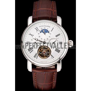 Patek Philippe Grand Complications Moonphase Perpetual Calendar Tourbillon White Dial Stainless Steel Case Brown Leather Strap