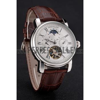 Patek Philippe Grand Complications Moonphase Perpetual Calendar Tourbillon White Dial Stainless Steel Case Brown Leather Strap