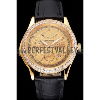 Swiss Patek Philippe Grand Complications Power Reserve Gold Dial And Case Diamond Bezel Black Leather Strap