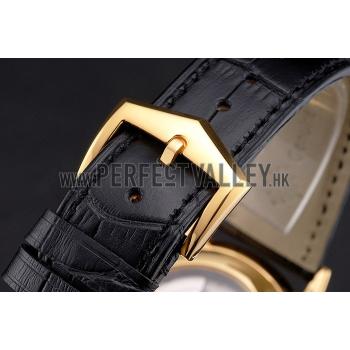 Swiss Patek Philippe Grand Complications Power Reserve Gold Dial And Case Diamond Bezel Black Leather Strap