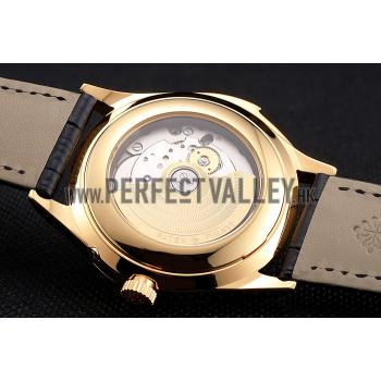 Swiss Patek Philippe Grand Complications Power Reserve Gold Dial And Case Diamond Bezel Black Leather Strap