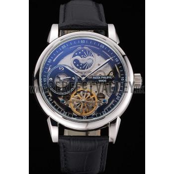 Patek Philippe Dual Time Moonphase Tourbillon Black Skeletonised Dial Stainless Steel Case Black Leather Strap