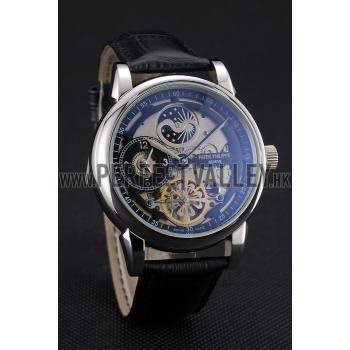 Patek Philippe Dual Time Moonphase Tourbillon Black Skeletonised Dial Stainless Steel Case Black Leather Strap