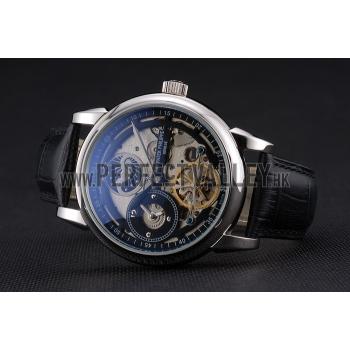 Patek Philippe Dual Time Moonphase Tourbillon Black Skeletonised Dial Stainless Steel Case Black Leather Strap