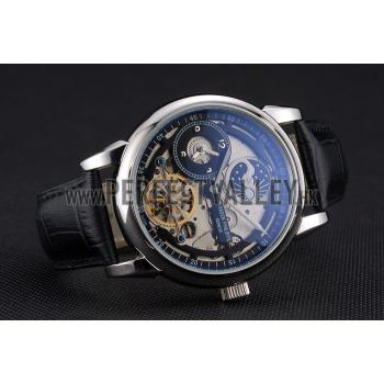 Patek Philippe Dual Time Moonphase Tourbillon Black Skeletonised Dial Stainless Steel Case Black Leather Strap