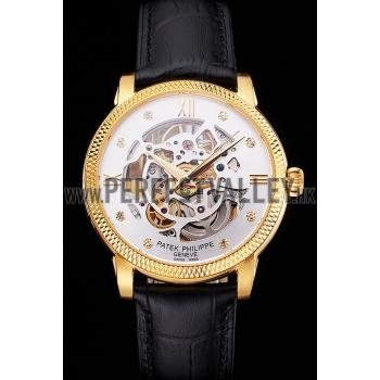 Swiss Patek Philippe Complications Openworked Dial Gold Case Fluted Bezel Black Leather Strap