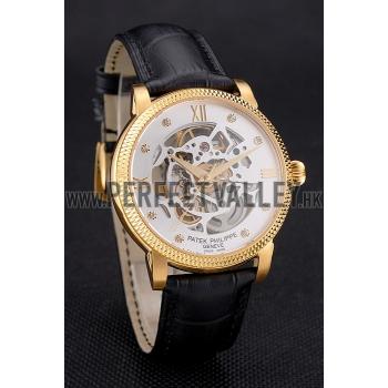 Swiss Patek Philippe Complications Openworked Dial Gold Case Fluted Bezel Black Leather Strap