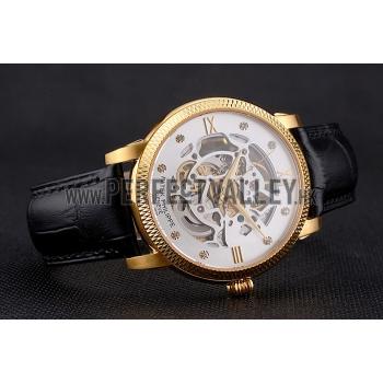 Swiss Patek Philippe Complications Openworked Dial Gold Case Fluted Bezel Black Leather Strap