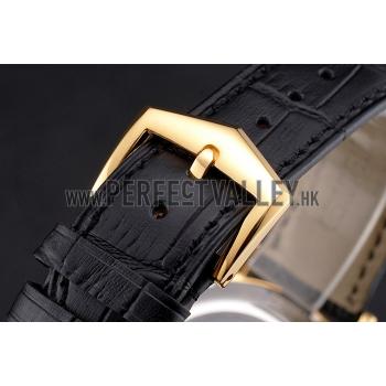 Swiss Patek Philippe Complications Openworked Dial Gold Case Fluted Bezel Black Leather Strap