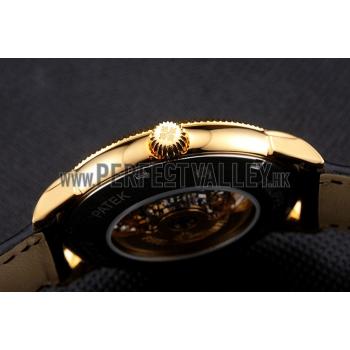 Swiss Patek Philippe Complications Openworked Dial Gold Case Fluted Bezel Black Leather Strap