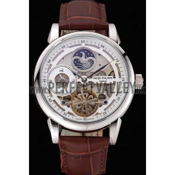 Patek Philippe Dual Time Moonphase Tourbillon White Skeletonised Dial Stainless Steel Case Brown Leather Strap