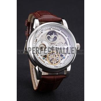 Patek Philippe Dual Time Moonphase Tourbillon White Skeletonised Dial Stainless Steel Case Brown Leather Strap