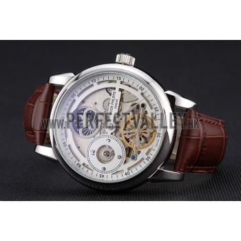 Patek Philippe Dual Time Moonphase Tourbillon White Skeletonised Dial Stainless Steel Case Brown Leather Strap