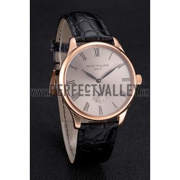 Patek Philippe Calatrava Gray Dial Rose Gold Case Black Leather Strap