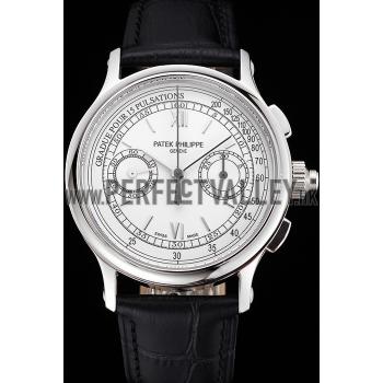 Replica Swiss Patek Philippe 5170J Chronograph White Dial Stainless Steel Case Black Leather Strap