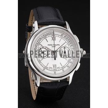 Replica Swiss Patek Philippe 5170J Chronograph White Dial Stainless Steel Case Black Leather Strap