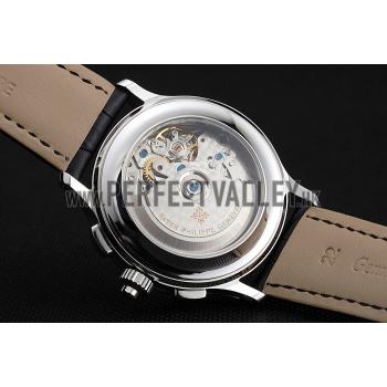 Replica Swiss Patek Philippe 5170J Chronograph White Dial Stainless Steel Case Black Leather Strap