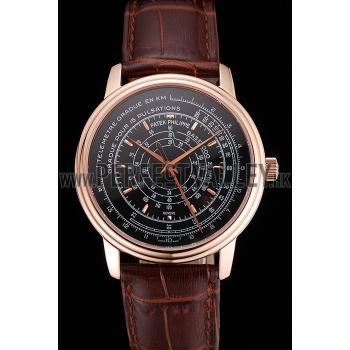 Cheap Swiss Patek Philippe Multi-Scale Chronograph Black Dial Rose Gold Case Brown Leather Strap