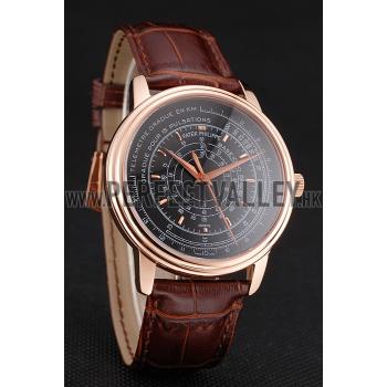 Cheap Swiss Patek Philippe Multi-Scale Chronograph Black Dial Rose Gold Case Brown Leather Strap