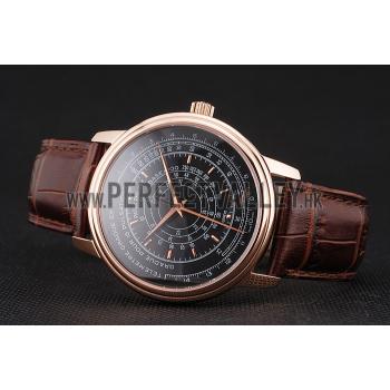 Cheap Swiss Patek Philippe Multi-Scale Chronograph Black Dial Rose Gold Case Brown Leather Strap