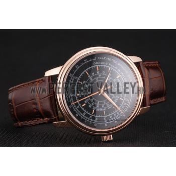 Cheap Swiss Patek Philippe Multi-Scale Chronograph Black Dial Rose Gold Case Brown Leather Strap