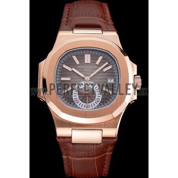 Patek Philippe Nautilus Gray Dial Rose Gold Case Brown Leather Strap