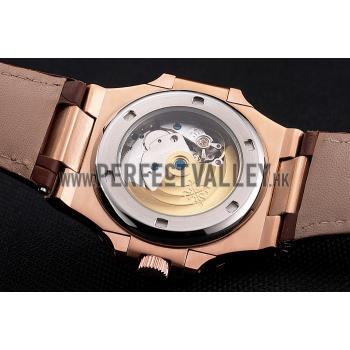 Patek Philippe Nautilus Gray Dial Rose Gold Case Brown Leather Strap