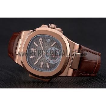 Patek Philippe Nautilus Gray Dial Rose Gold Case Brown Leather Strap