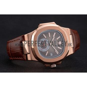 Patek Philippe Nautilus Gray Dial Rose Gold Case Brown Leather Strap