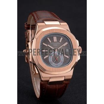 Patek Philippe Nautilus Gray Dial Rose Gold Case Brown Leather Strap