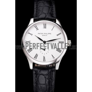 Cheap Patek Philippe Calatrava White Dial Stainless Steel Case Black Leather Strap