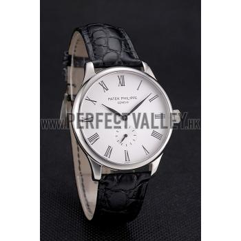 Cheap Patek Philippe Calatrava White Dial Stainless Steel Case Black Leather Strap