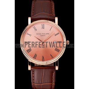 Cheap Patek Philippe Calatrava Rose Gold Dial Roman Numerals Ribbed Bezel Rose Gold Case Brown Leather Strap