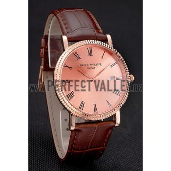 Cheap Patek Philippe Calatrava Rose Gold Dial Roman Numerals Ribbed Bezel Rose Gold Case Brown Leather Strap