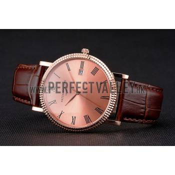 Cheap Patek Philippe Calatrava Rose Gold Dial Roman Numerals Ribbed Bezel Rose Gold Case Brown Leather Strap