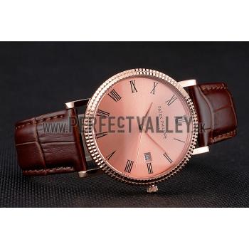 Cheap Patek Philippe Calatrava Rose Gold Dial Roman Numerals Ribbed Bezel Rose Gold Case Brown Leather Strap