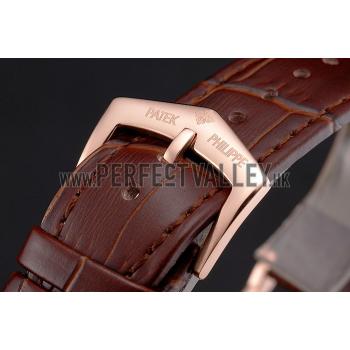 Cheap Patek Philippe Calatrava Rose Gold Dial Roman Numerals Ribbed Bezel Rose Gold Case Brown Leather Strap