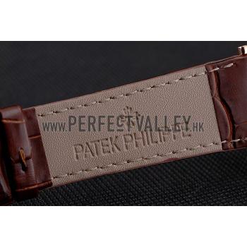 Cheap Patek Philippe Calatrava Rose Gold Dial Roman Numerals Ribbed Bezel Rose Gold Case Brown Leather Strap