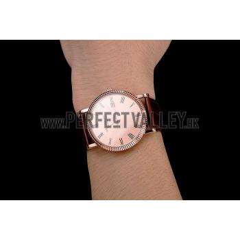 Cheap Patek Philippe Calatrava Rose Gold Dial Roman Numerals Ribbed Bezel Rose Gold Case Brown Leather Strap