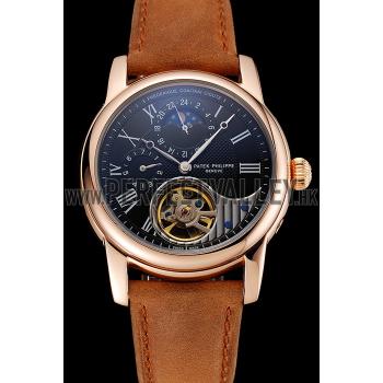 Patek Philippe Grand Complications GMT Moonphase Tourbillon Black Dial Rose Gold Case Brown Suede Leather Strap 1453821