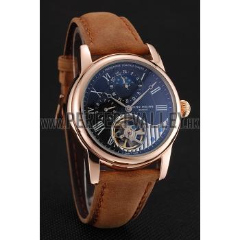 Patek Philippe Grand Complications GMT Moonphase Tourbillon Black Dial Rose Gold Case Brown Suede Leather Strap 1453821