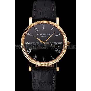 Patek Philippe Calatrava Black Dial Roman Numerals Ribbed Bezel Gold Case Black Leather Strap