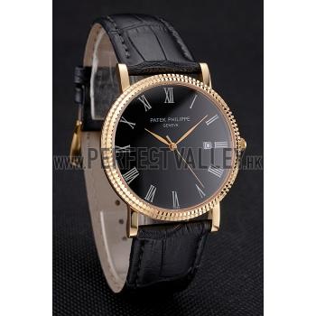 Patek Philippe Calatrava Black Dial Roman Numerals Ribbed Bezel Gold Case Black Leather Strap