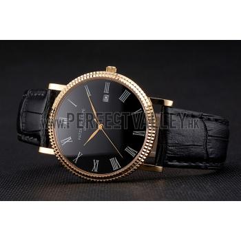 Patek Philippe Calatrava Black Dial Roman Numerals Ribbed Bezel Gold Case Black Leather Strap