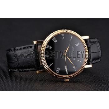 Patek Philippe Calatrava Black Dial Roman Numerals Ribbed Bezel Gold Case Black Leather Strap