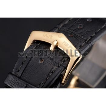 Patek Philippe Calatrava Black Dial Roman Numerals Ribbed Bezel Gold Case Black Leather Strap