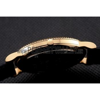 Patek Philippe Calatrava Black Dial Roman Numerals Ribbed Bezel Gold Case Black Leather Strap