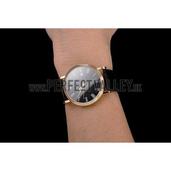 Patek Philippe Calatrava Black Dial Roman Numerals Ribbed Bezel Gold Case Black Leather Strap