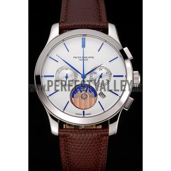 Patek Philippe Chronograph White Dial Blue Hands Stainless Steel Case Brown Leather Strap